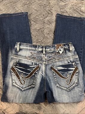 Y2K Blue Denim Wide Leg Jeans with Brown Embroidered Accents
